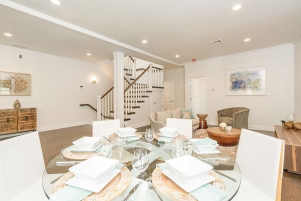 Dining room, Interior, Recessed Lighting, Wood Texture Flooring