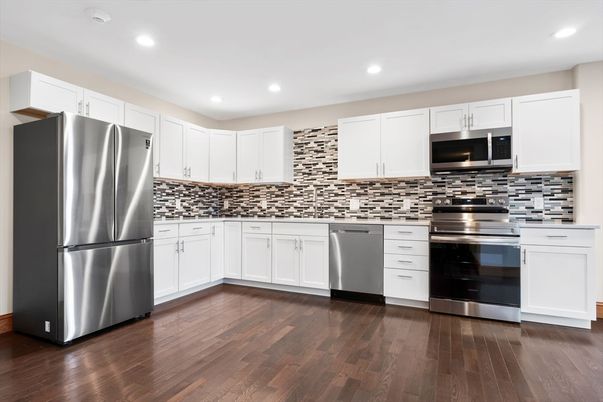 Interior, Kitchen, Recessed Lighting, Stainless Steel Appliances, Wood Texture Flooring