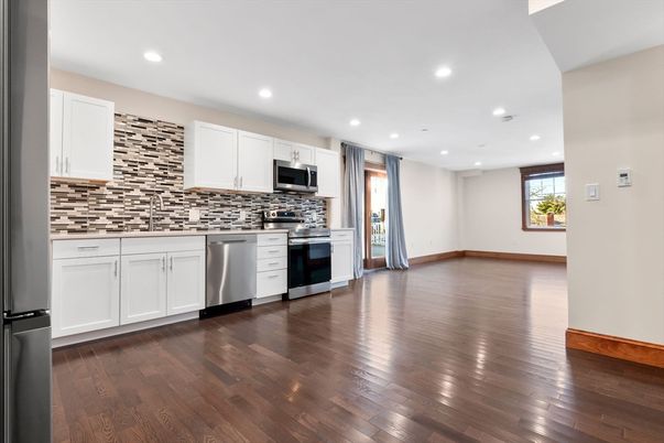 Interior, Kitchen, Recessed Lighting, Stainless Steel Appliances, Wood Texture Flooring