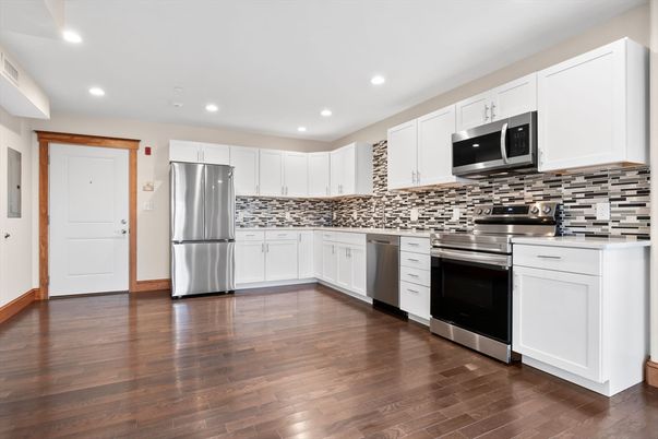 Interior, Kitchen, Recessed Lighting, Stainless Steel Appliances, Wood Texture Flooring