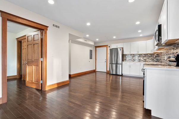 Interior, Kitchen, Recessed Lighting, Stainless Steel Appliances, Wood Texture Flooring