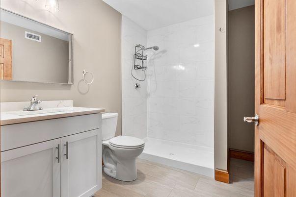 Bathroom, Interior, Marble Walls, Wood Texture Flooring