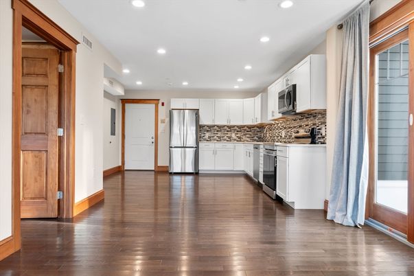 Interior, Kitchen, Recessed Lighting, Stainless Steel Appliances, Wood Texture Flooring