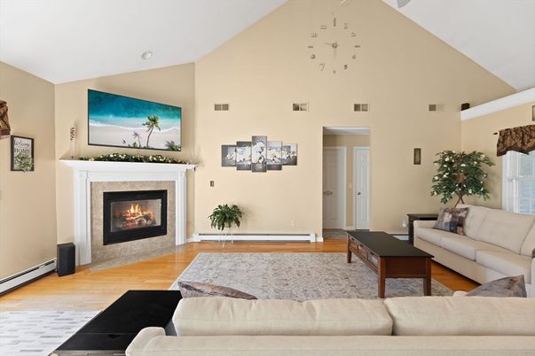 Fireplace, Interior, Living room, Recessed Lighting, Wood Texture Flooring