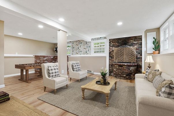 Game Room, Interior, Living room, Recessed Lighting, Stone Walls, Wood Texture Flooring