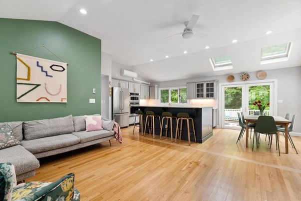 Dining room, Interior, Kitchen, Living room, Recessed Lighting, Stainless Steel Appliances, Wood Texture Flooring