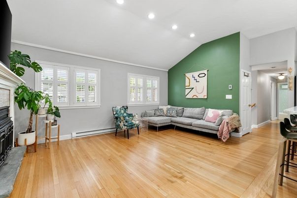 Fireplace, Interior, Living room, Recessed Lighting, Wood Texture Flooring