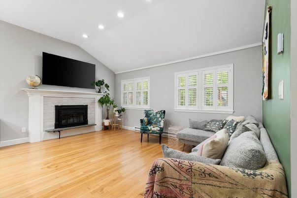 Fireplace, Interior, Living room, Recessed Lighting, Wood Texture Flooring