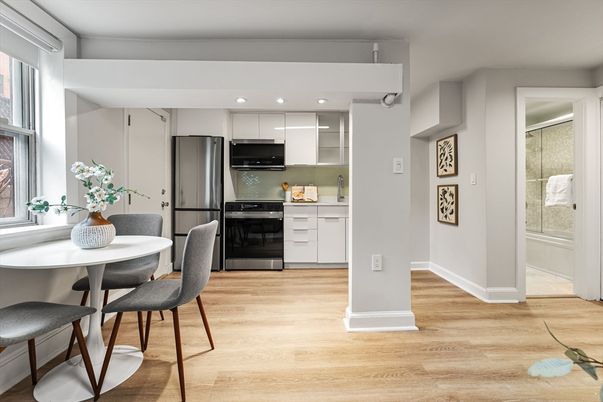 Dining room, Interior, Kitchen, Recessed Lighting, Stainless Steel Appliances, Wood Texture Flooring
