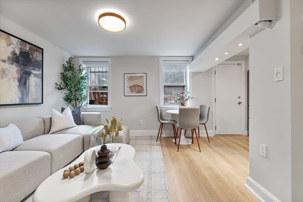 Dining room, Interior, Living room, Recessed Lighting, Wood Texture Flooring