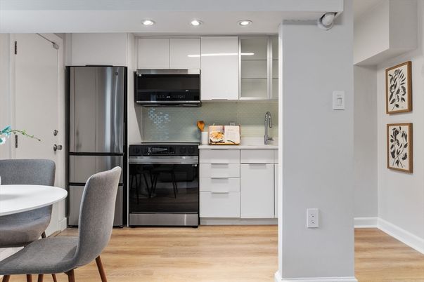 Interior, Kitchen, Recessed Lighting, Stainless Steel Appliances, Wood Texture Flooring