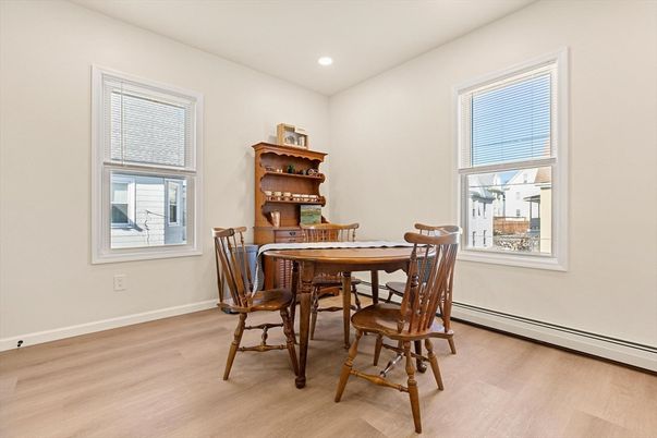 Dining room, Interior, Recessed Lighting, Wood Texture Flooring
