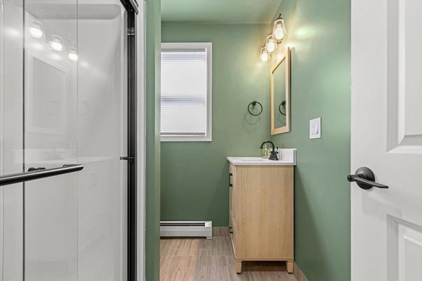 Bathroom, Glass Shower, Interior, Wood Texture Flooring