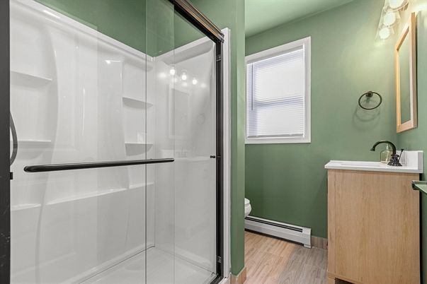 Bathroom, Glass Shower, Interior, Wood Texture Flooring