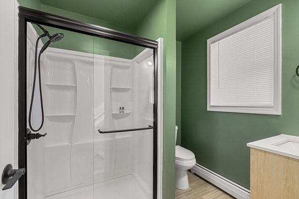 Bathroom, Glass Shower, Interior, Wood Texture Flooring