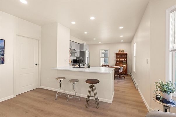 Interior, Kitchen, Recessed Lighting, Stainless Steel Appliances, Wood Texture Flooring