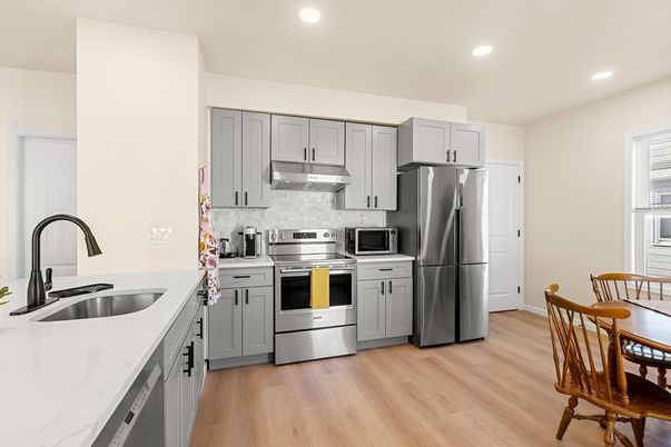 Interior, Kitchen, Recessed Lighting, Stainless Steel Appliances, Wood Texture Flooring