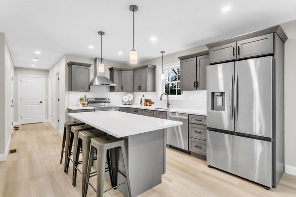 Interior, Kitchen, Pendant Lights, Recessed Lighting, Stainless Steel Appliances, Wood Texture Flooring