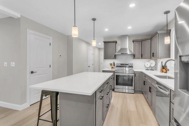 Interior, Kitchen, Pendant Lights, Recessed Lighting, Stainless Steel Appliances, Wood Texture Flooring
