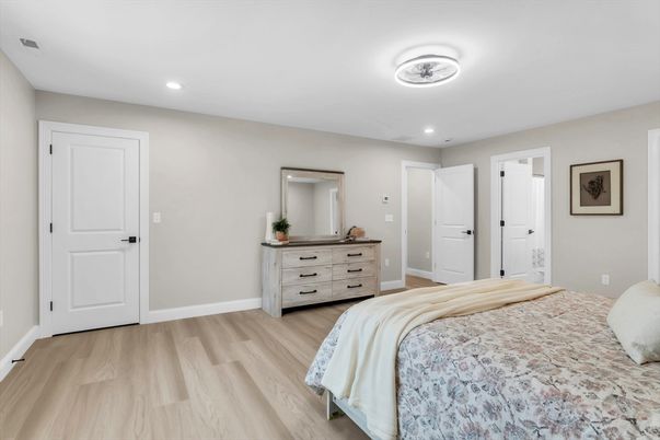 Bedroom, Interior, Recessed Lighting, Wood Texture Flooring