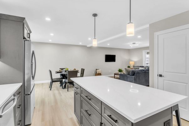 Dining room, Interior, Kitchen, Living room, Pendant Lights, Recessed Lighting, Wood Texture Flooring