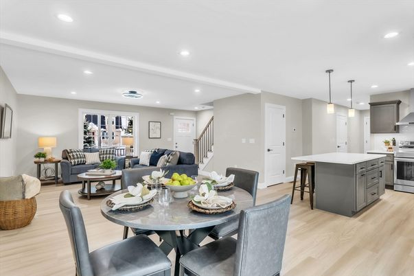 Dining room, Interior, Kitchen, Living room, Pendant Lights, Recessed Lighting, Stainless Steel Appliances, Wood Texture Flooring