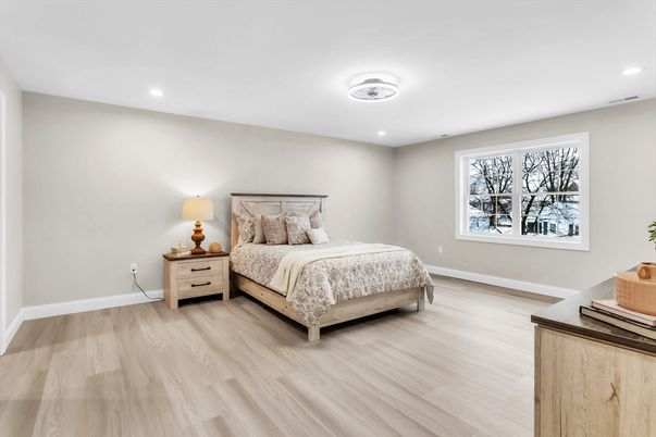 Bedroom, Interior, Recessed Lighting, Wood Texture Flooring