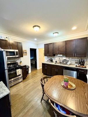Dining room, Interior, Kitchen, Recessed Lighting, Stainless Steel Appliances, Wood Texture Flooring