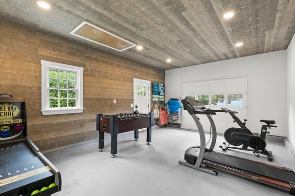 Fitness Equipment, Game Room, Interior, Recessed Lighting, Wooden Ceilings, Wooden Walls
