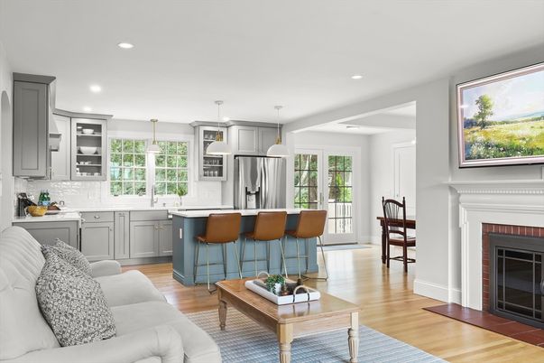 Fireplace, Interior, Kitchen, Living room, Pendant Lights, Recessed Lighting, Stainless Steel Appliances, Wood Texture Flooring