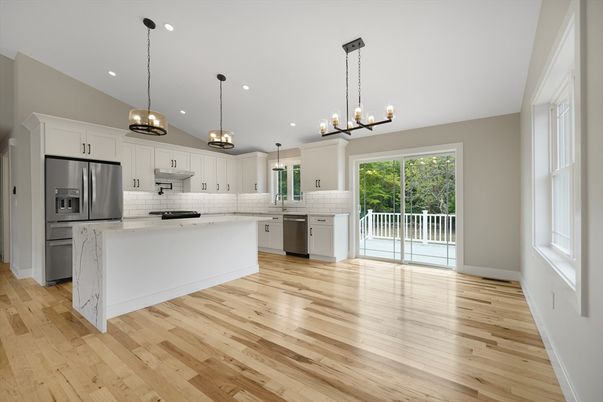Chandelier, Interior, Kitchen, Pendant Lights, Recessed Lighting, Stainless Steel Appliances, Wood Texture Flooring