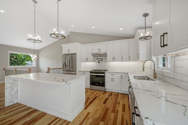 Interior, Kitchen, Pendant Lights, Recessed Lighting, Stainless Steel Appliances, Wood Texture Flooring