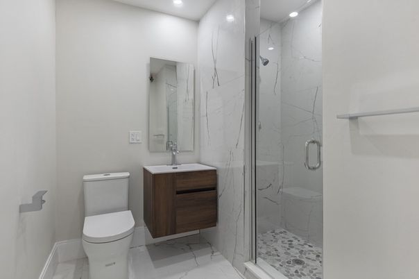 Bathroom, Glass Shower, Interior, Marble, Marble Walls, Recessed Lighting