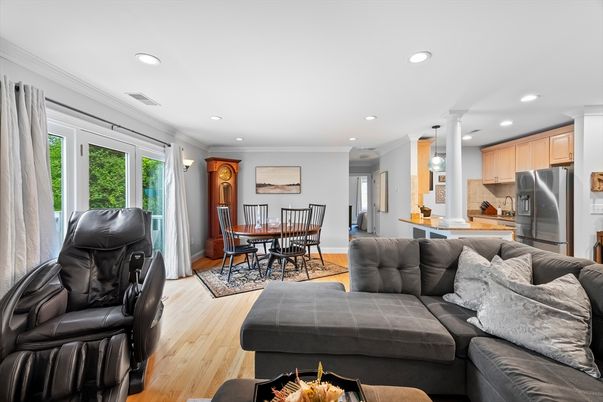 Dining room, Interior, Kitchen, Living room, Recessed Lighting, Stainless Steel Appliances, Wood Texture Flooring