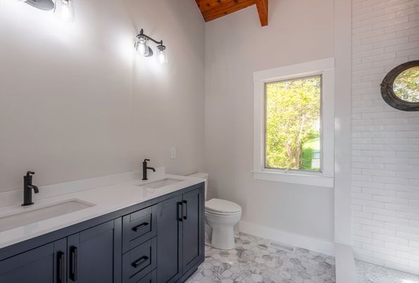 Bathroom, Dual Sink Vanities, Interior, Stone Walls, Wooden Beams