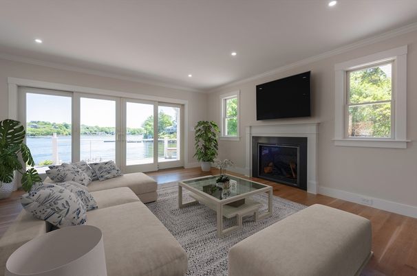 Fireplace, Interior, Living room, Recessed Lighting, Water, Wood Texture Flooring