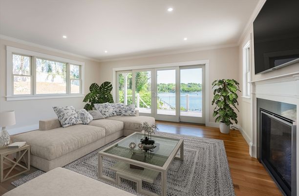 Fireplace, Interior, Living room, Recessed Lighting, Water, Wood Texture Flooring