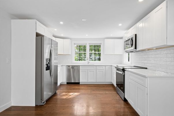 Interior, Kitchen, Recessed Lighting, Stainless Steel Appliances, Wood Texture Flooring