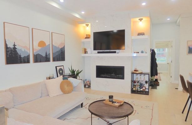 Fireplace, Interior, Living room, Recessed Lighting, Wood Texture Flooring