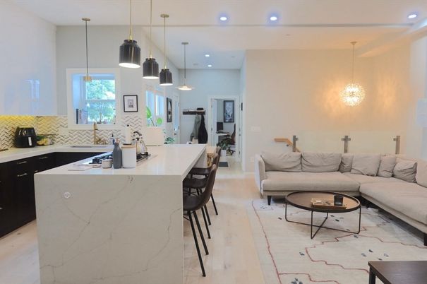 Interior, Kitchen, Living room, Pendant Lights, Recessed Lighting, Wood Texture Flooring