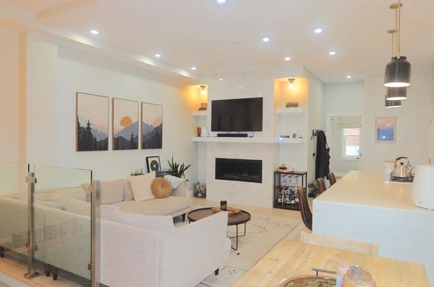 Dining room, Fireplace, Interior, Living room, Pendant Lights, Recessed Lighting, Wood Texture Flooring