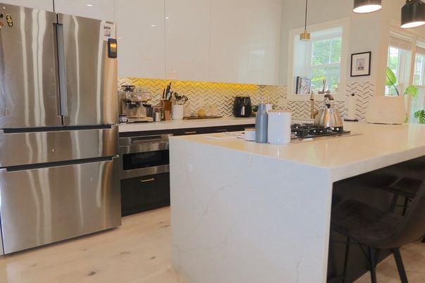 Interior, Kitchen, Pendant Lights, Stainless Steel Appliances, Wood Texture Flooring