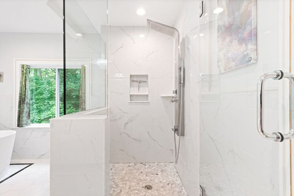 Bathroom, Glass Shower, Interior, Marble Walls, Recessed Lighting