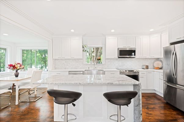 Dining room, Interior, Kitchen, Recessed Lighting, Stainless Steel Appliances, Wood Texture Flooring