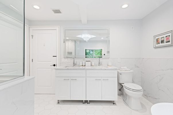 Bathroom, Dual Sink Vanities, Interior, Marble, Marble Walls, Recessed Lighting