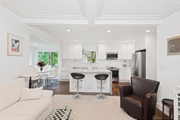 Dining room, Interior, Kitchen, Living room, Recessed Lighting, Stainless Steel Appliances, Wood Texture Flooring