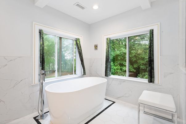 Bathroom, Free Standing Baths, Interior, Marble, Marble Walls, Recessed Lighting