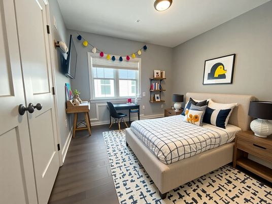 Bedroom, Interior, Recessed Lighting, Wood Texture Flooring
