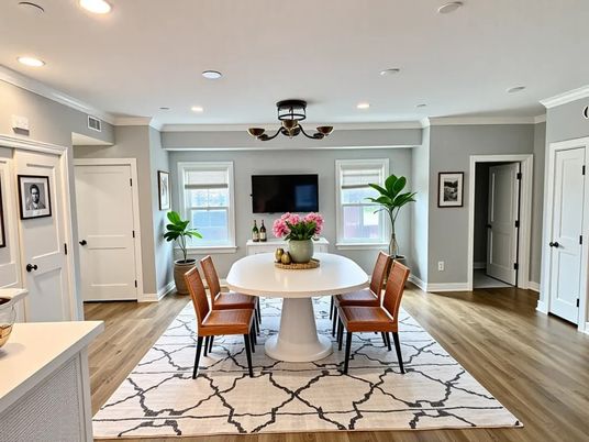 Dining room, Interior, Recessed Lighting, Wood Texture Flooring