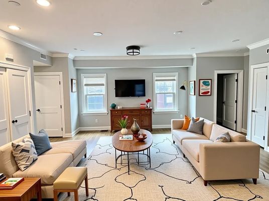 Interior, Living room, Recessed Lighting, Wood Texture Flooring